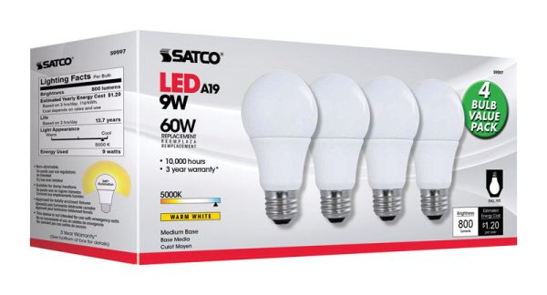 Satco Type A A19 E26 (Medium) LED Bulb Natural Light 60 Watt Equivalence 4 pk on Sale