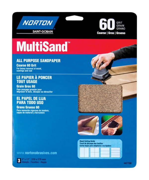 Norton MultiSand 11 in. L X 9 in. W 60 Grit Aluminum Oxide All Purpose Sandpaper 3 pk Sale